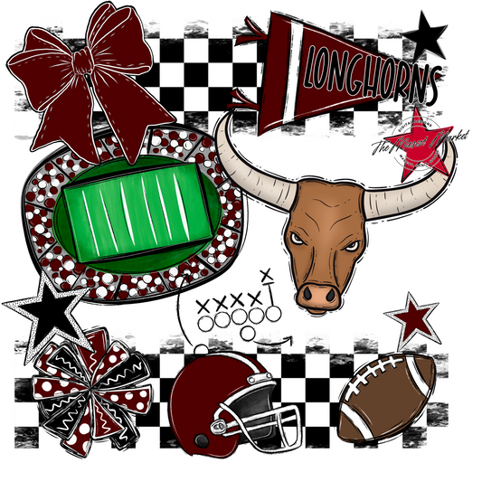 Longhorns Checkers Mascot Spirit Design-Maroon