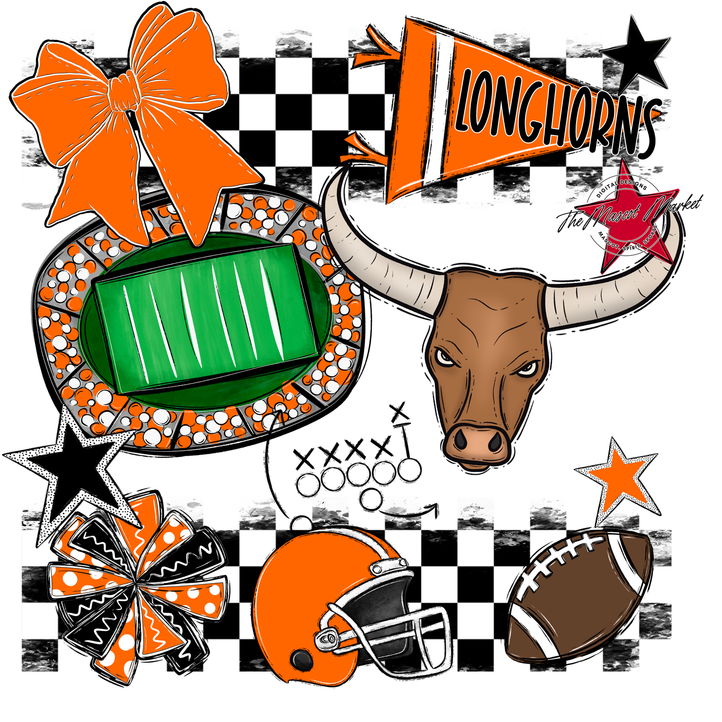 Longhorns Checkers Mascot Spirit Design-Orange
