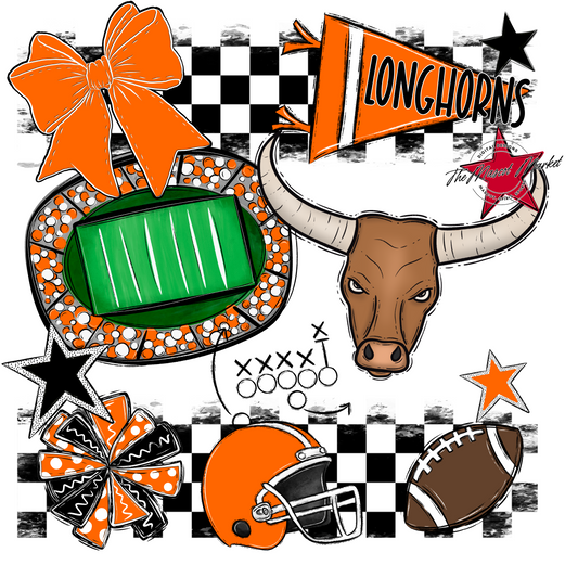 Longhorns Checkers Mascot Spirit Design-Orange