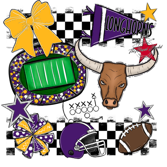 Longhorns Checkers Mascot Spirit Design-Purple-Yellow