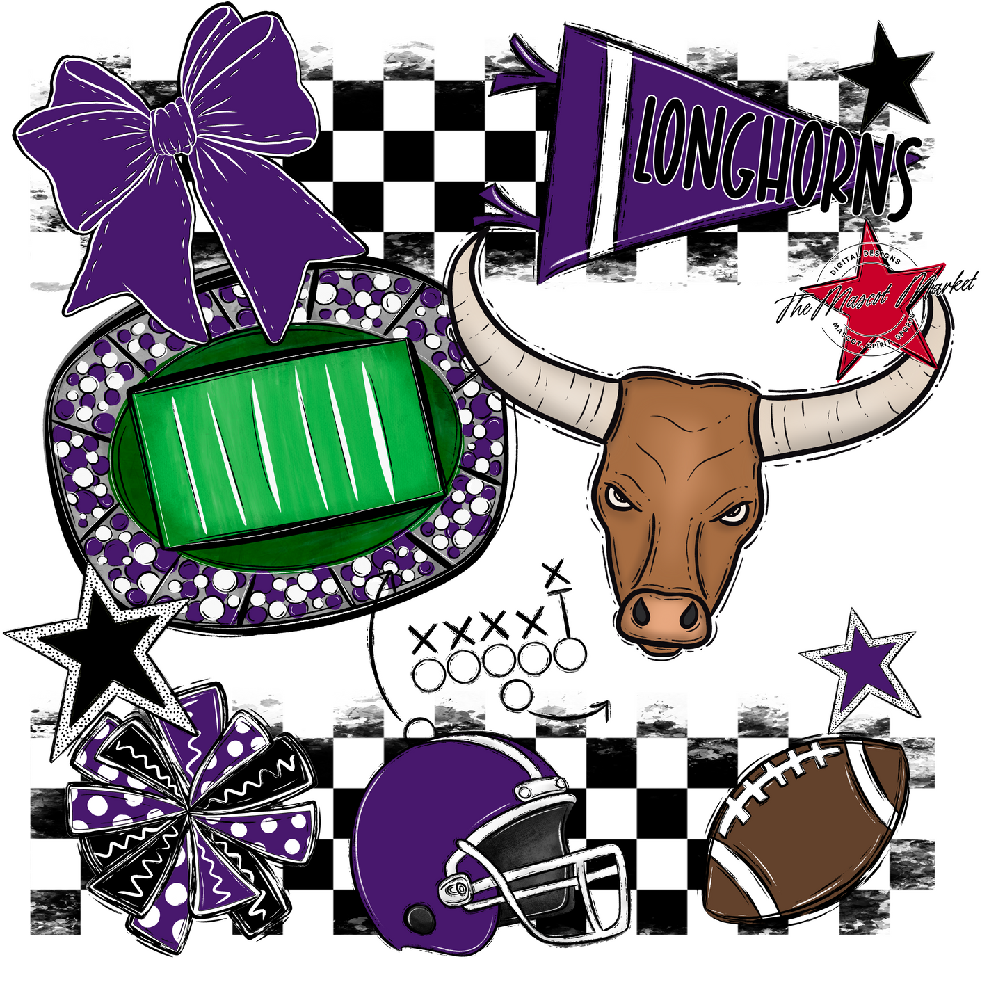 Longhorns Checkers Mascot Spirit Design-Purple