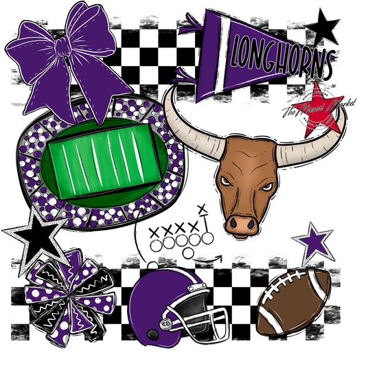 Longhorns Checkers Mascot Spirit Design-Purple