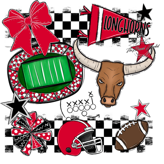 Longhorns Checkers Mascot Spirit Design-Red