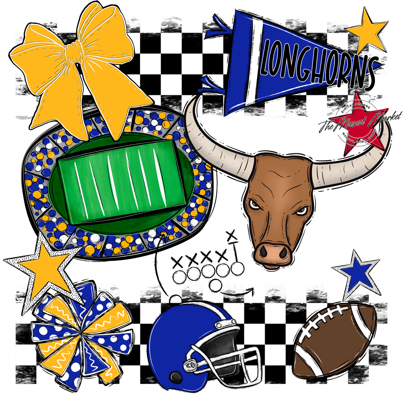 Longhorns Checkers Mascot Spirit Design-Royal Blue-Yellow