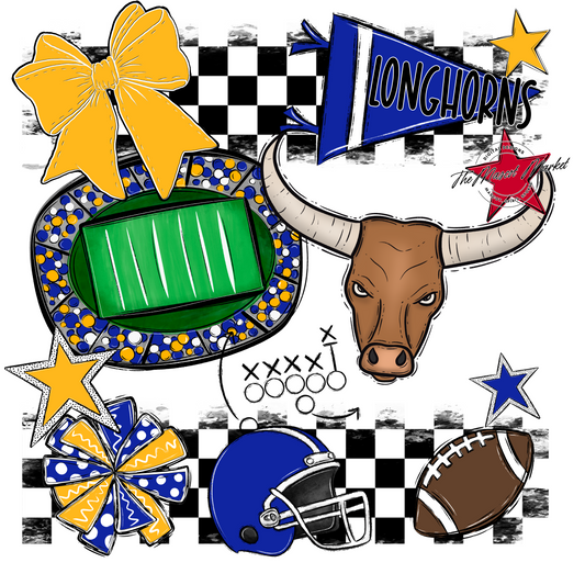 Longhorns Checkers Mascot Spirit Design-Royal Blue-Yellow