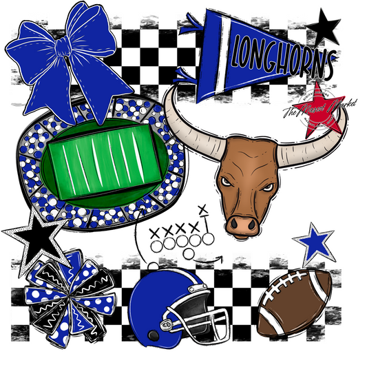 Longhorns Checkers Mascot Spirit Design-Royal Blue