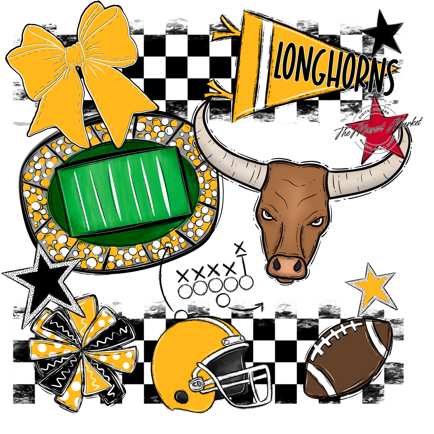 Longhorns Checkers Mascot Spirit Design-Yellow