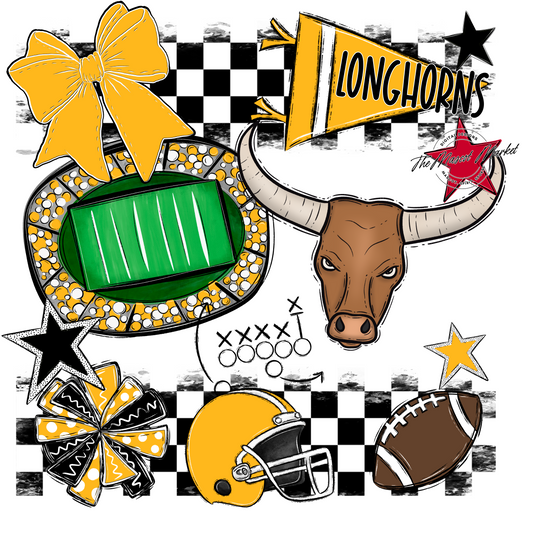 Longhorns Checkers Mascot Spirit Design-Yellow