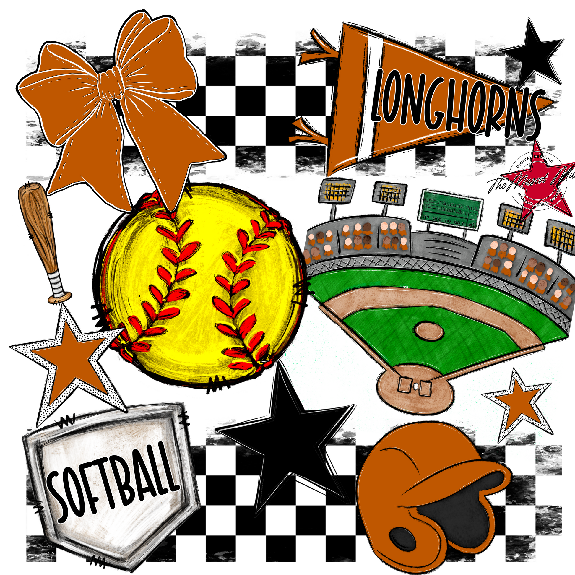 Longhorns Checkers Softball Spirit Design-Burnt Orange