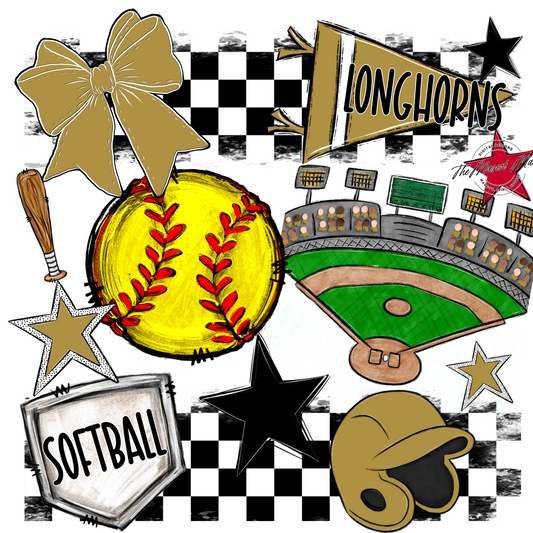 Longhorns Checkers Softball Spirit Design-Gold
