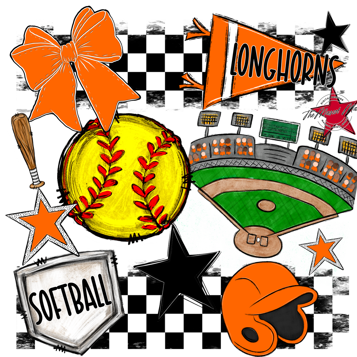 Longhorns Checkers Softball Spirit Design-Orange