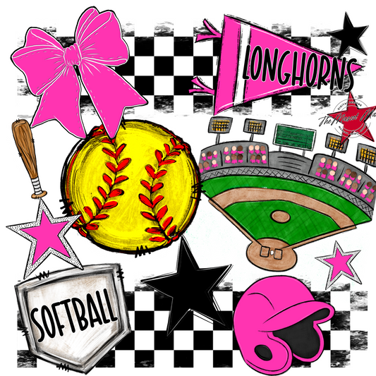 Longhorns Checkers Softball Spirit Design-Pink