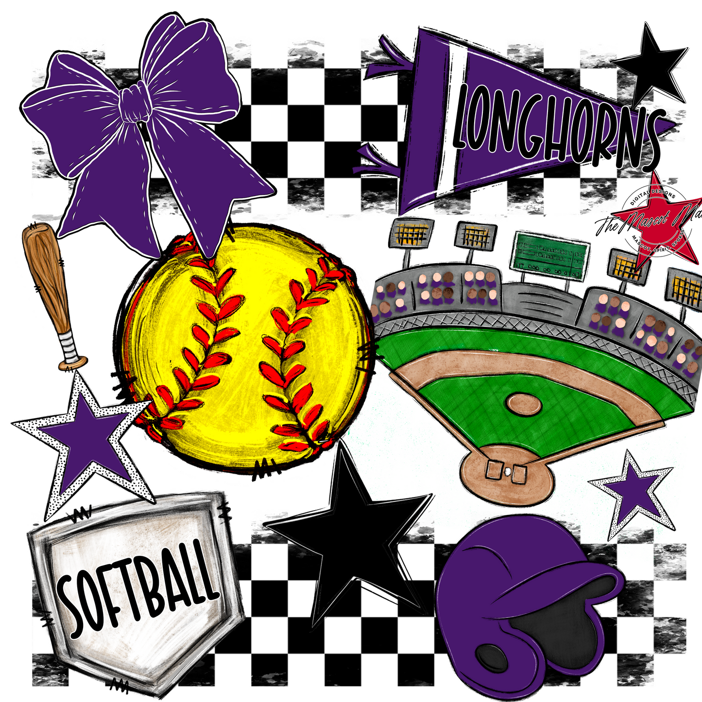 Longhorns Checkers Softball Spirit Design-Purple