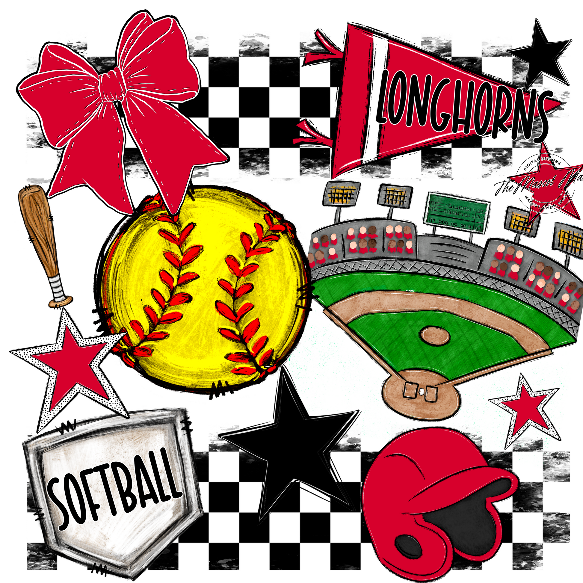 Longhorns Checkers Softball Spirit Design-Red