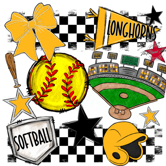 Longhorns Checkers Softball Spirit Design-Yellow