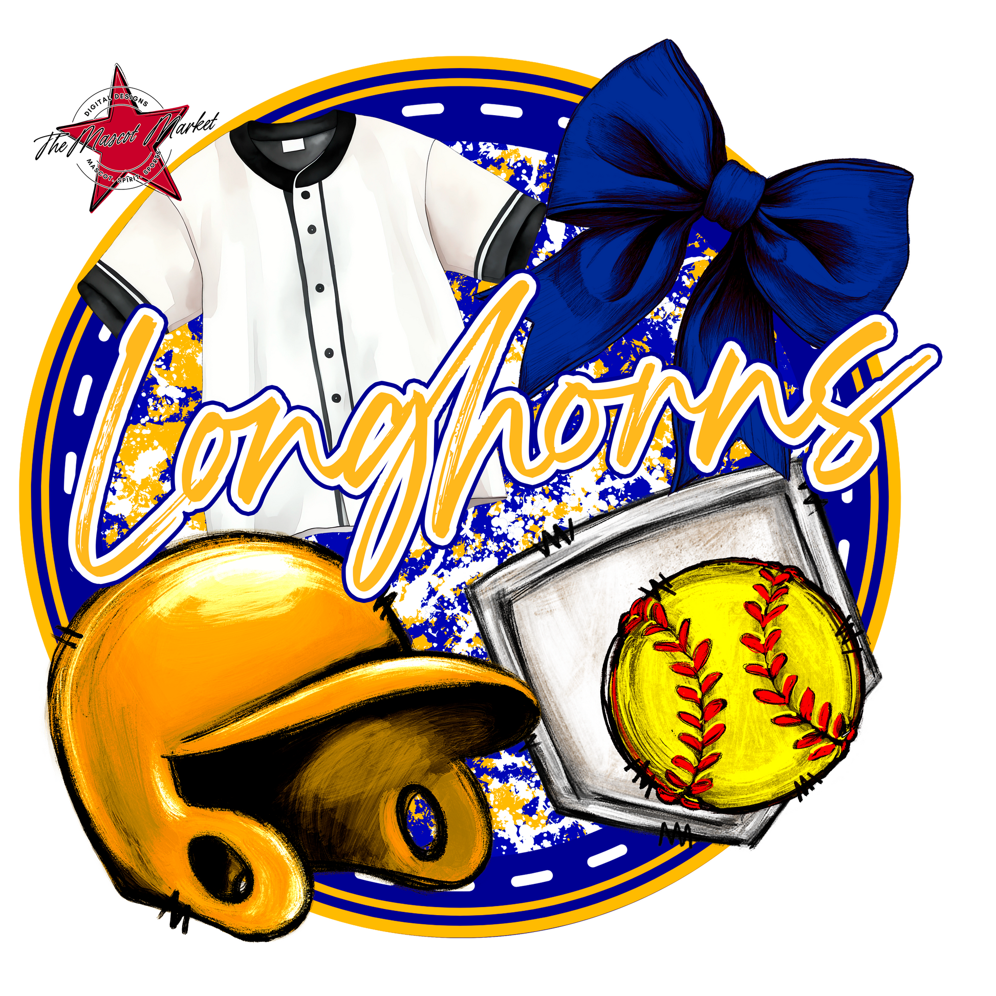 Longhorns Circle Softball Design-Blue-Yellow