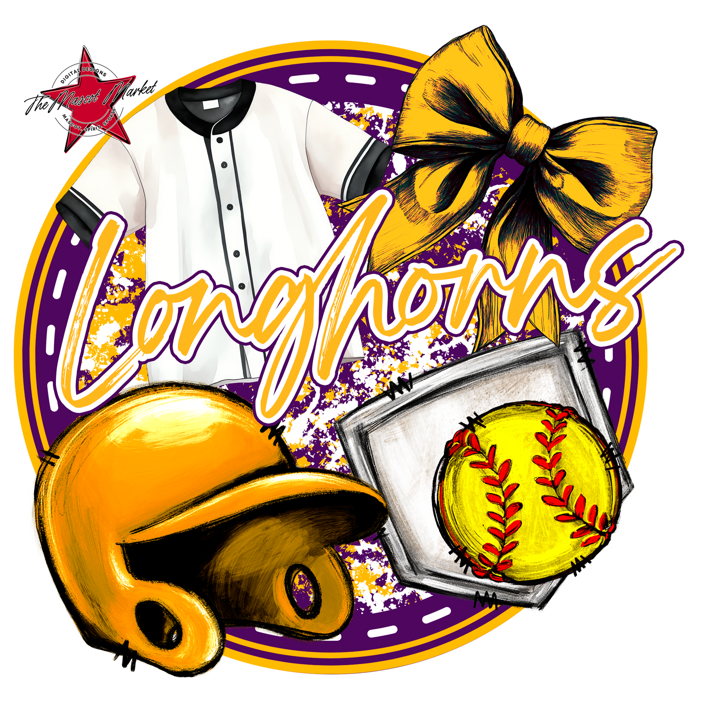 Longhorns Circle Softball Design-Purple-Yellow