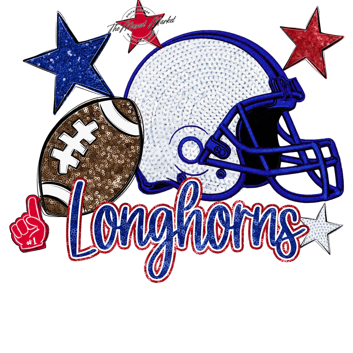 Longhorns Football Embroidered Sequins Design-Blue & Red