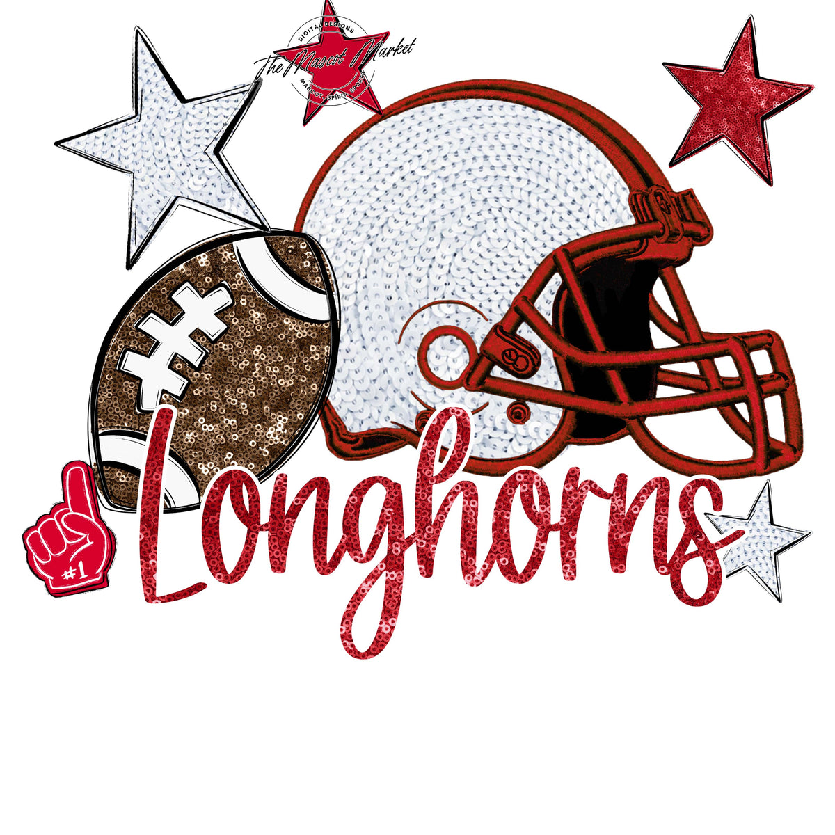 Longhorns Football Embroidered Sequins Design-Red