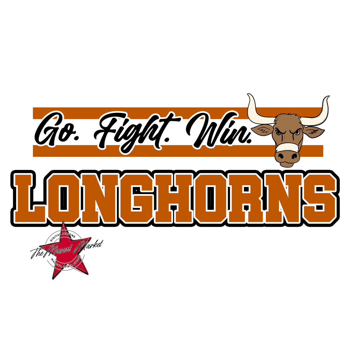 Longhorns Go Fight Win Mascot Lines-Burnt Orange