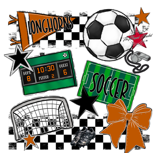 Longhorns Checkers Soccer Spirit Design-Burnt Orange