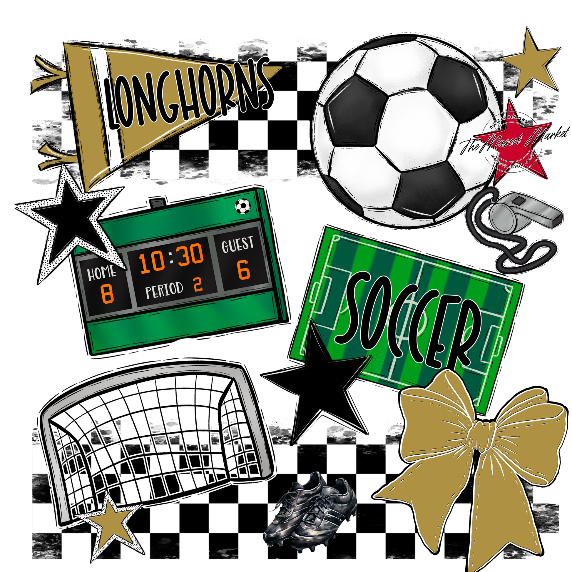 Longhorns Checkers Soccer Spirit Design-Gold