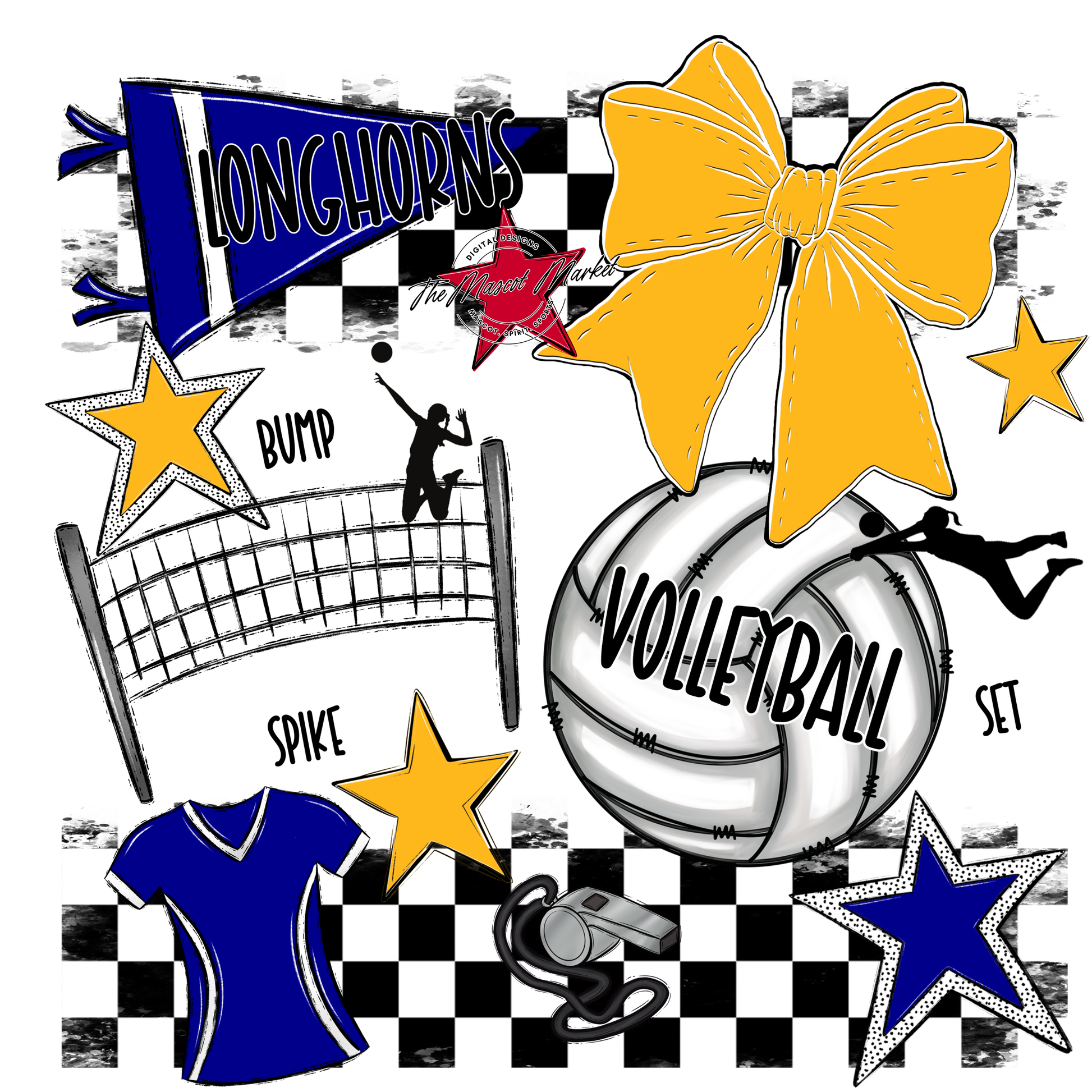 Longhorns Checkers Volleyball Spirit Design-Blue-Yellow