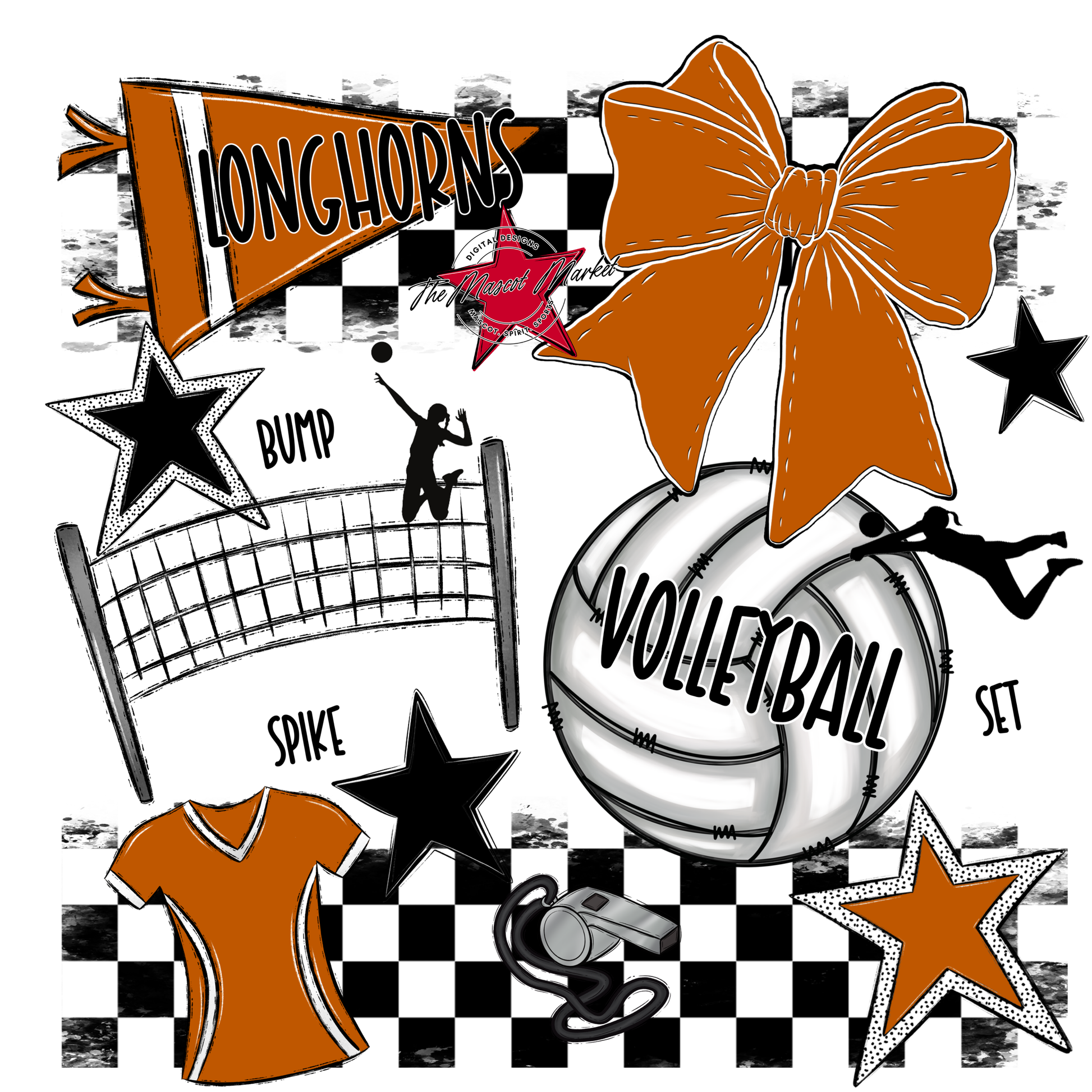 Longhorns Checkers Volleyball Spirit Design-Burnt Orange