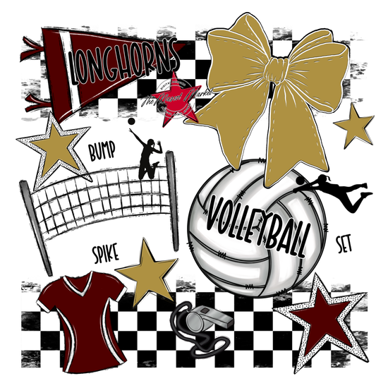 Longhorns Checkers Volleyball Spirit Design-Maroon-Gold