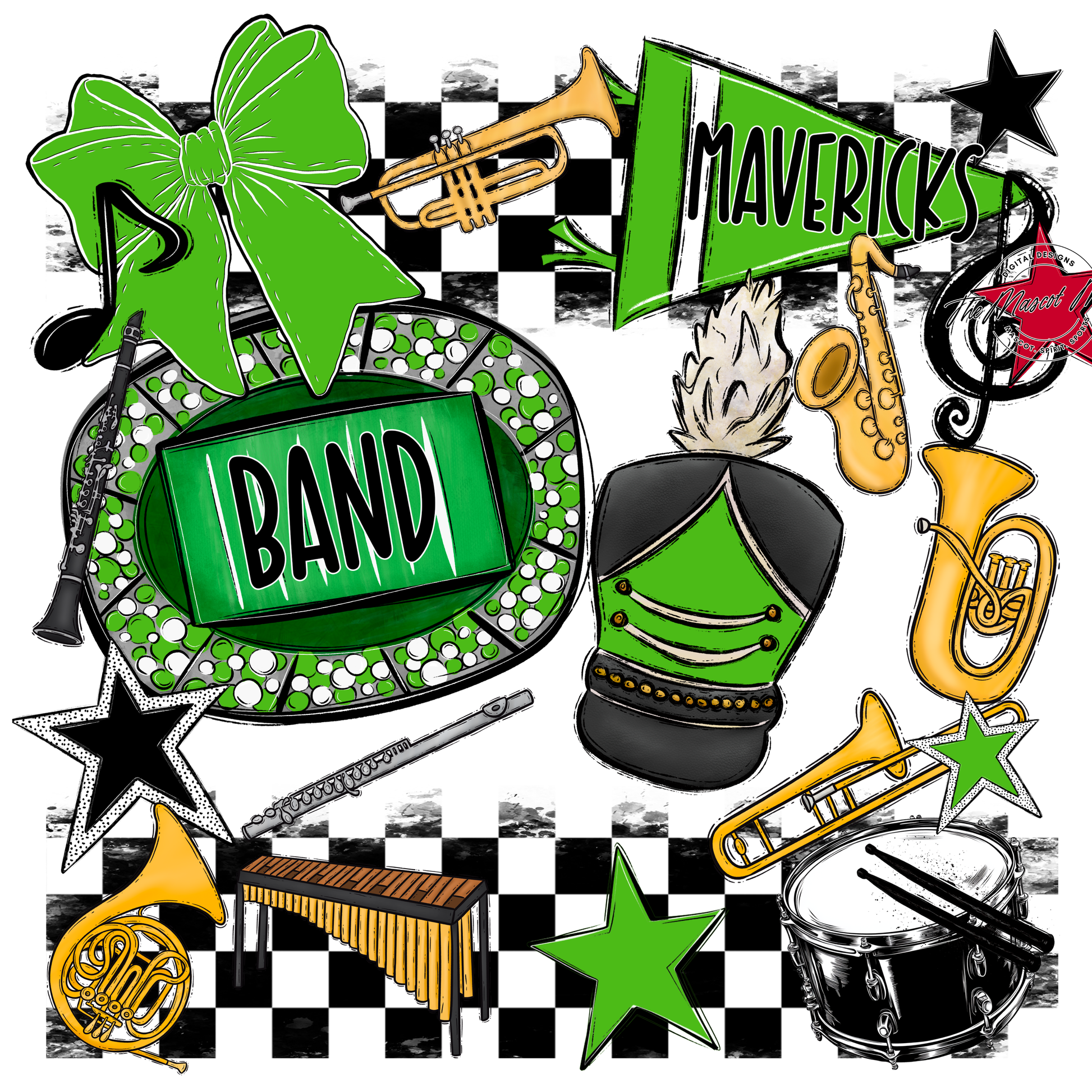 Mavericks Checkers Band Spirit Design-Bright Green