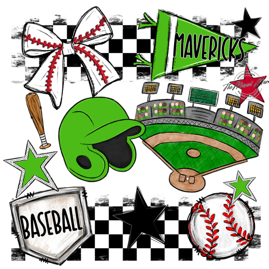 Mavericks Checkers Baseball Spirit Design-Bright Green