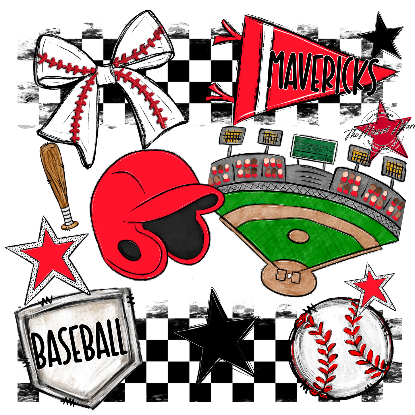 Mavericks Checkers Baseball Spirit Design-Bright Red