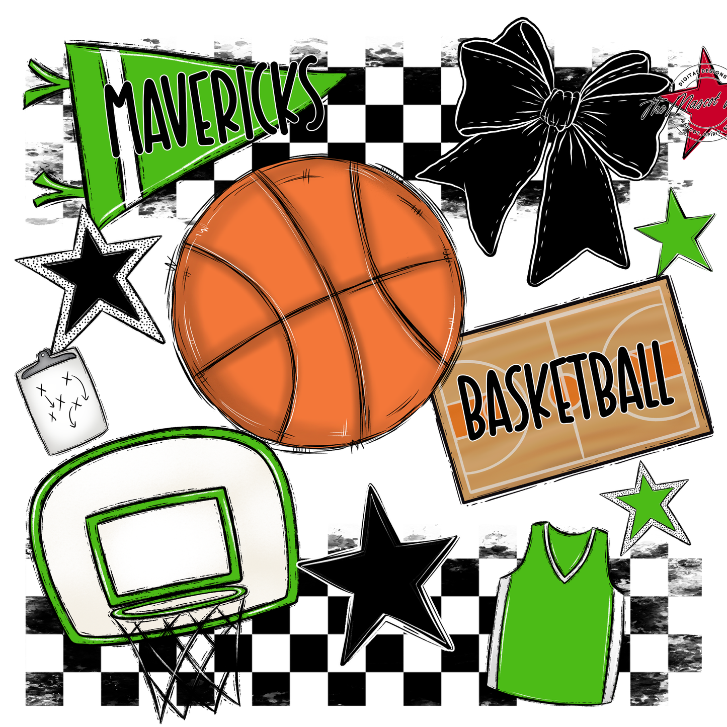 Mavericks Checkers Basketball Spirit Design-Bright Green
