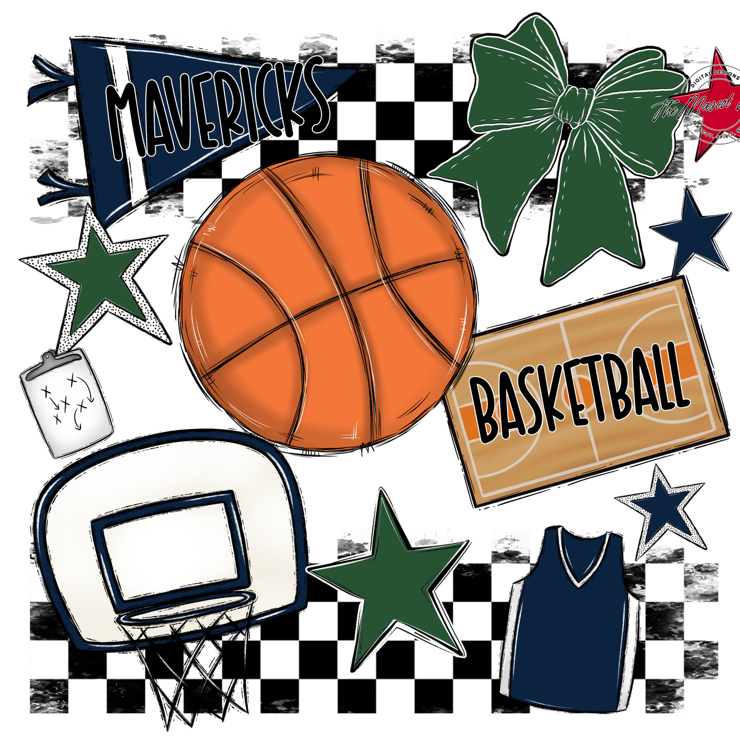 Mavericks Checkers Basketball Spirit Design-Navy-Green