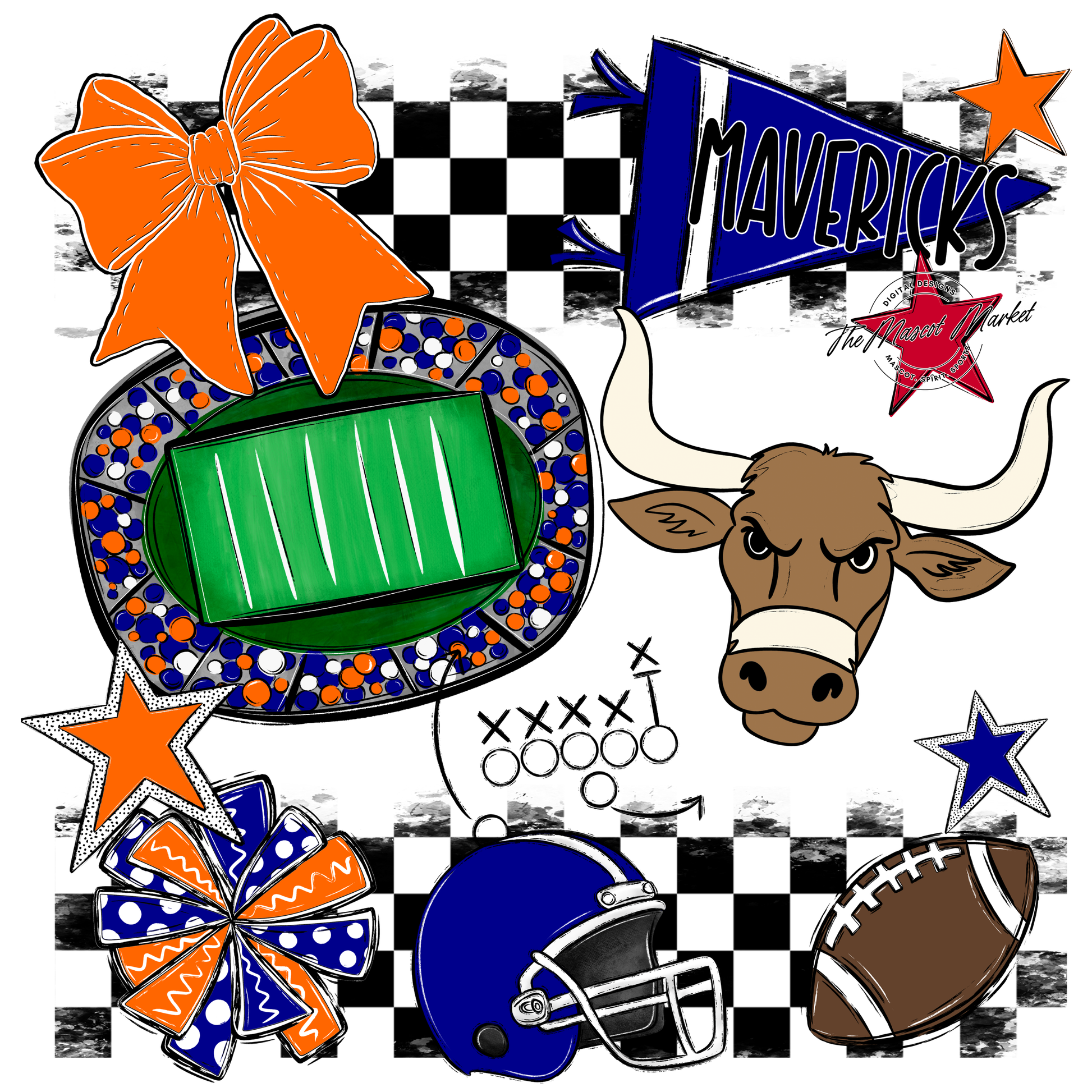 Mavericks Checkers Mascot Spirit Design-Blue-Orange