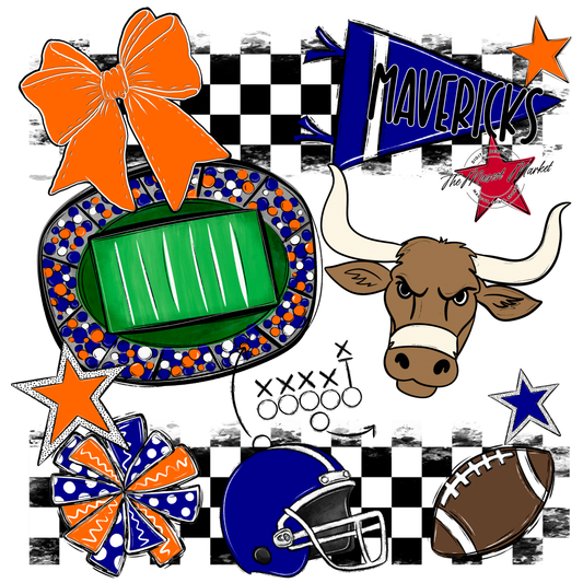 Mavericks Checkers Mascot Spirit Design-Blue-Orange