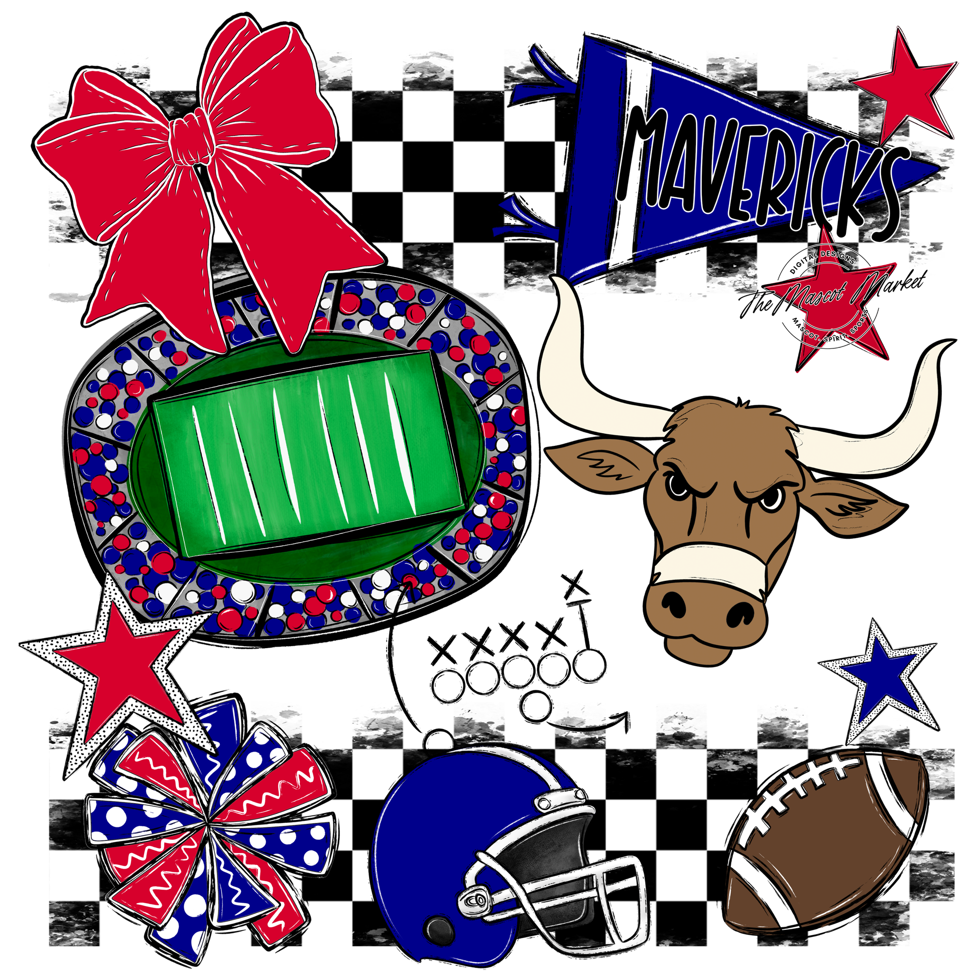 Mavericks Checkers Mascot Spirit Design-Blue-Red