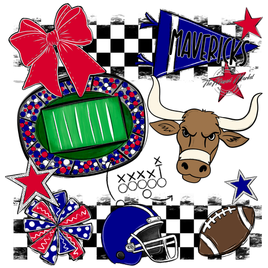 Mavericks Checkers Mascot Spirit Design-Blue-Red