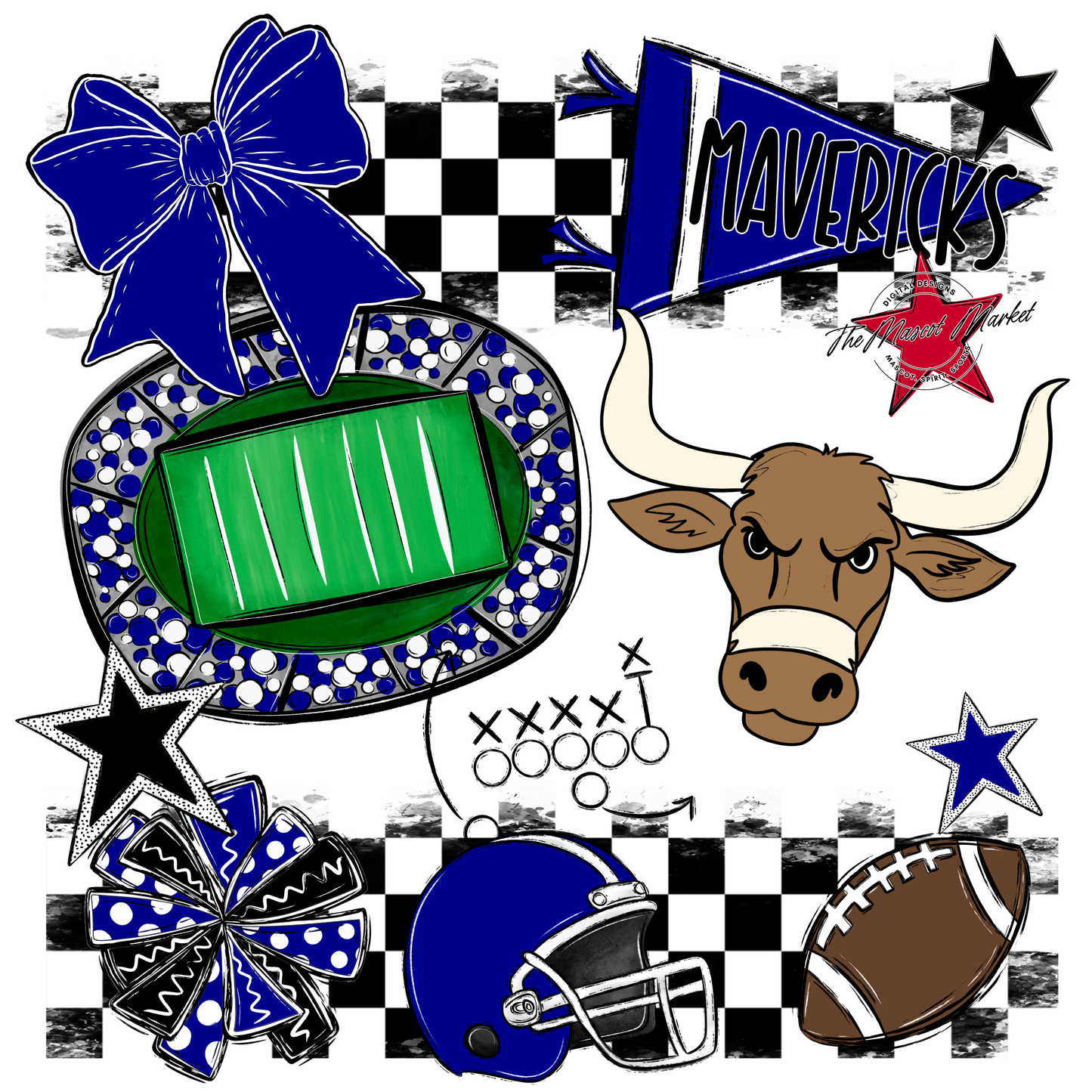 Mavericks Checkers Mascot Spirit Design-Blue