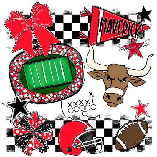 Mavericks Checkers Mascot Spirit Design-Bright Red