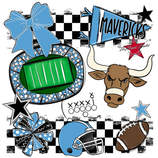 Mavericks Checkers Mascot Spirit Design-Carolina Blue