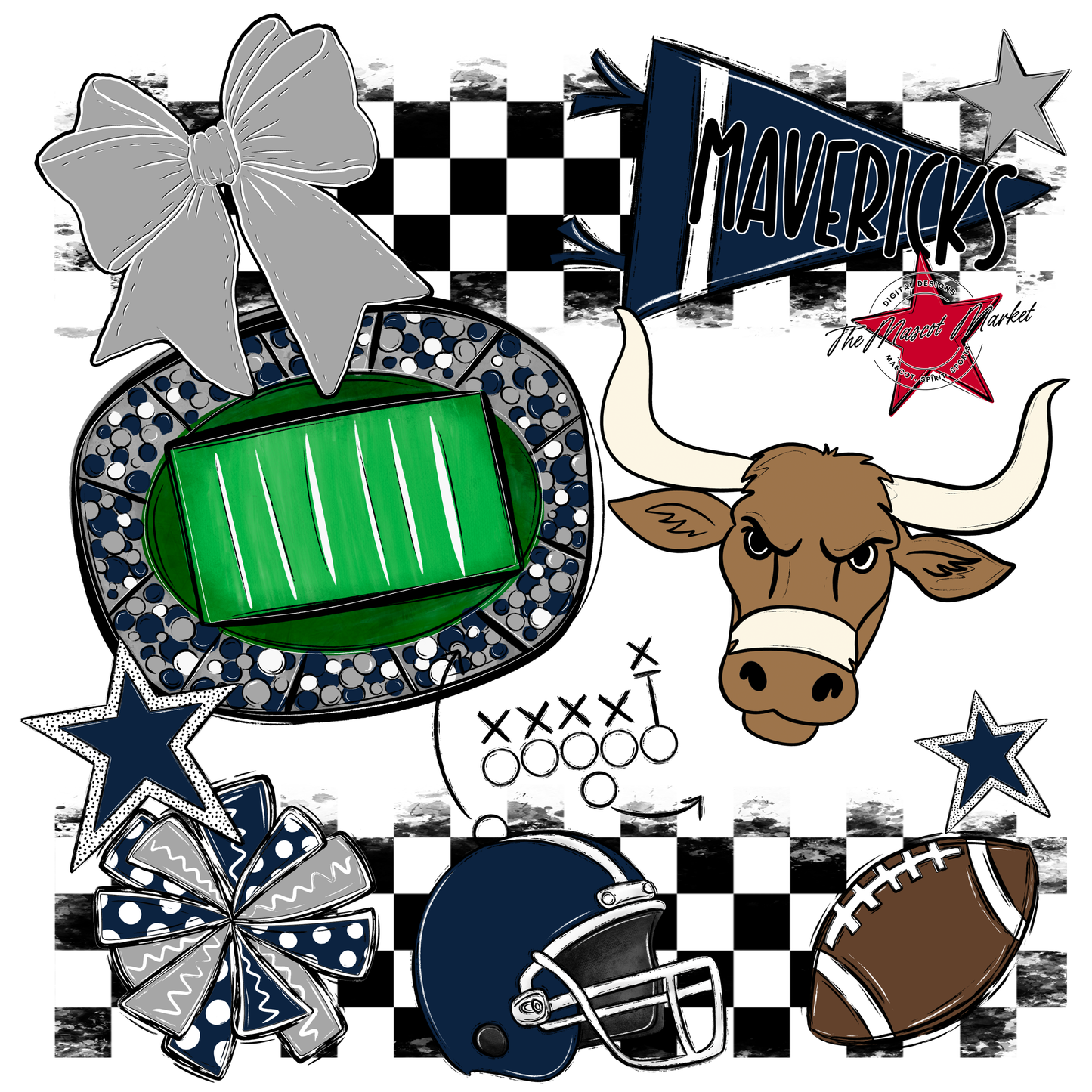 Mavericks Checkers Mascot Spirit Design-Navy-Grey