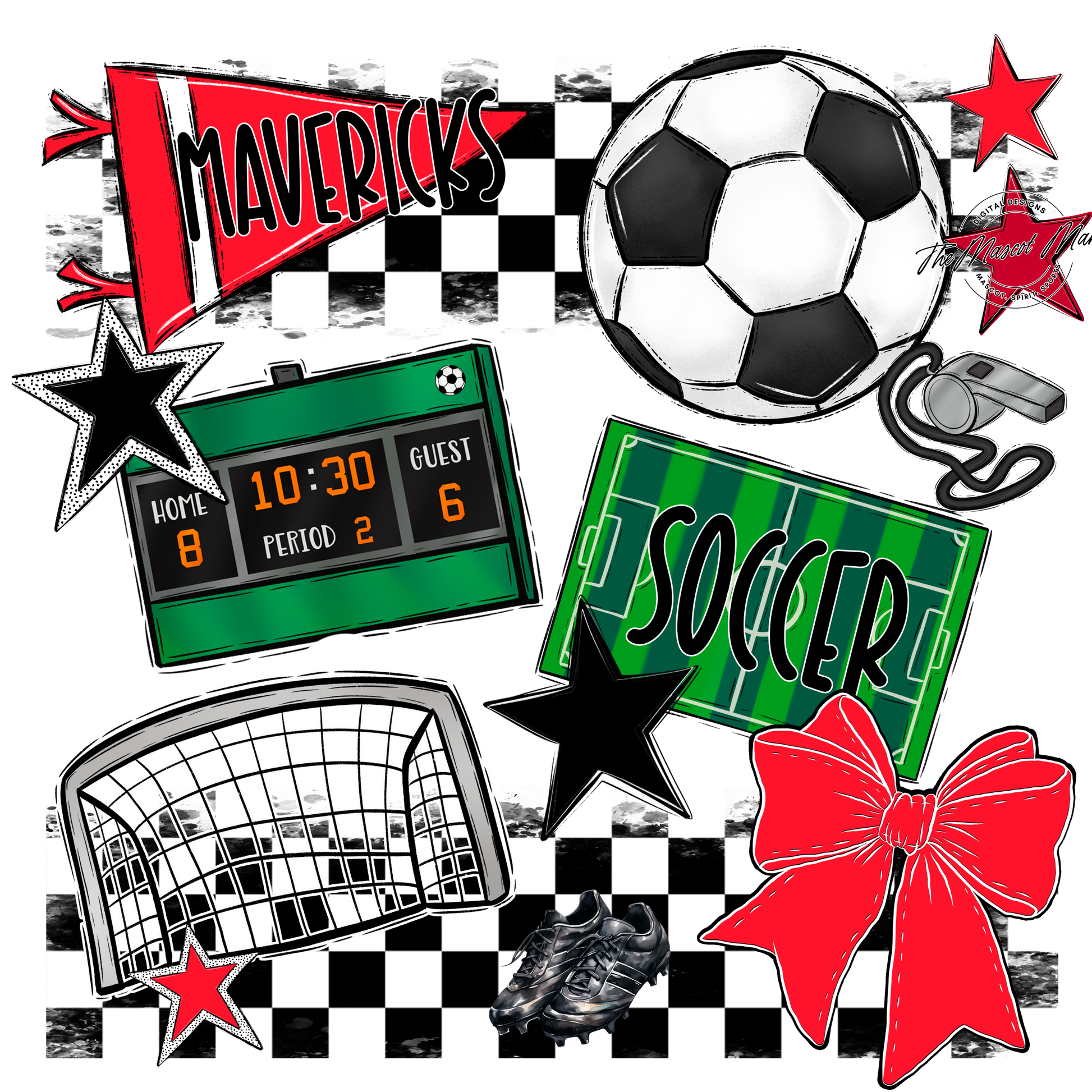 Mavericks Checkers Soccer Spirit Design-Bright Red