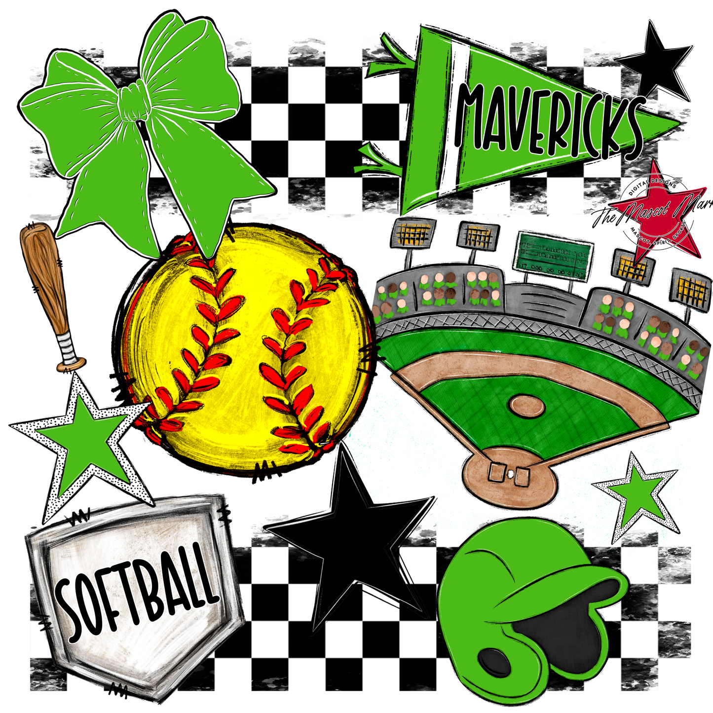 Mavericks Checkers Softball Spirit Design-Bright Green
