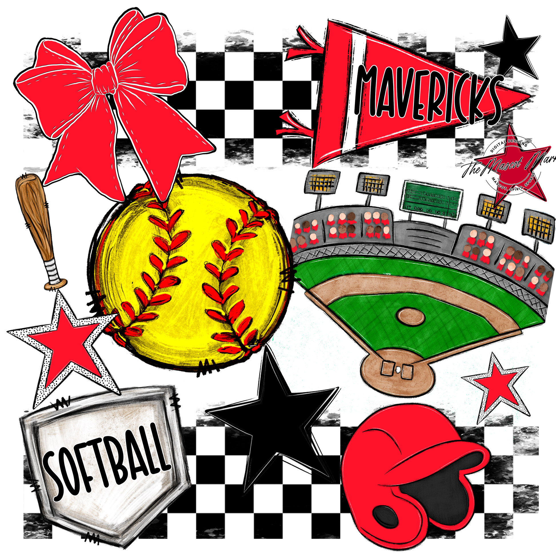 Mavericks Checkers Softball Spirit Design-Bright Red