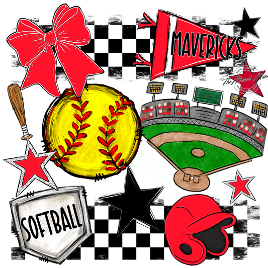 Mavericks Checkers Softball Spirit Design-Bright Red