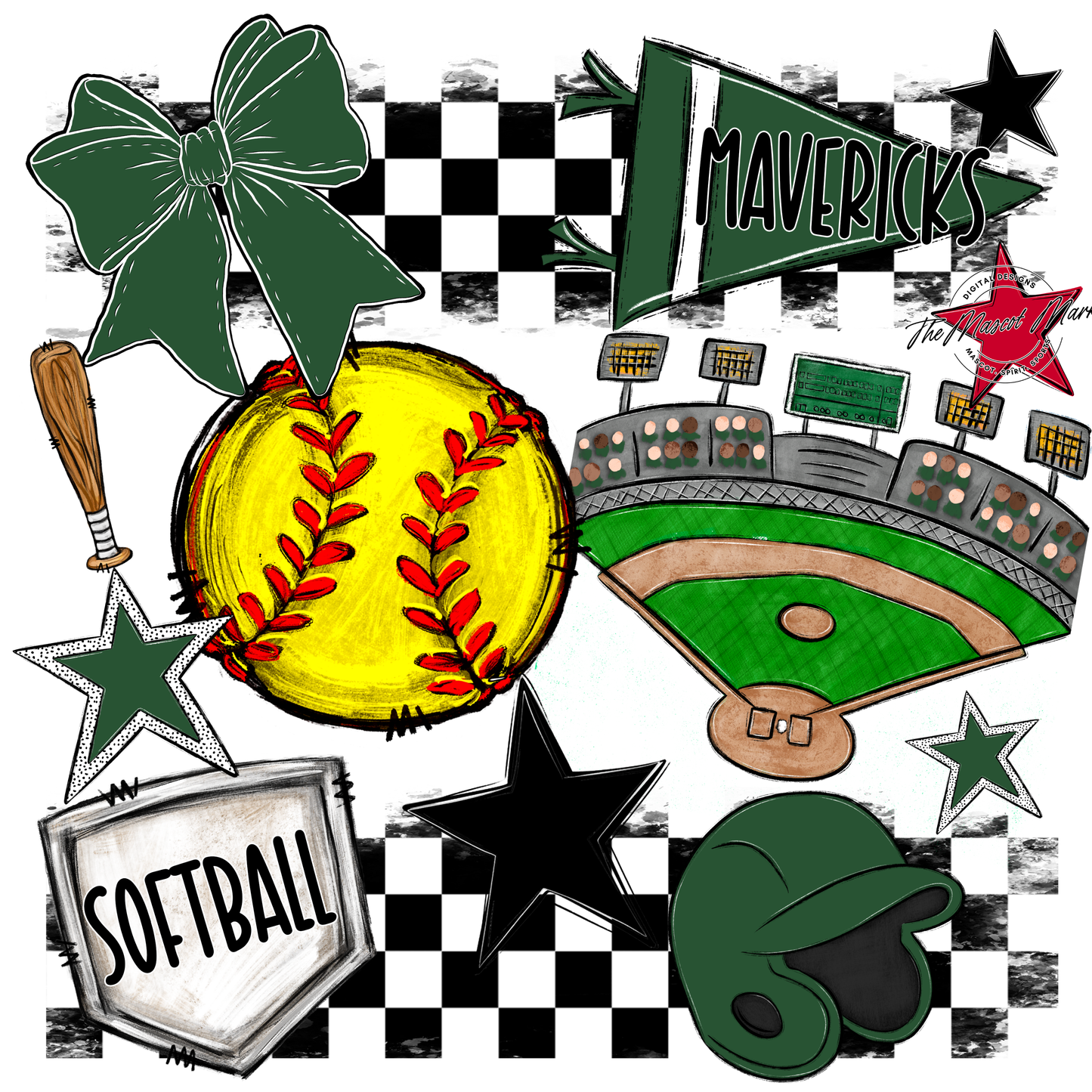 Mavericks Checkers Softball Spirit Design-Green