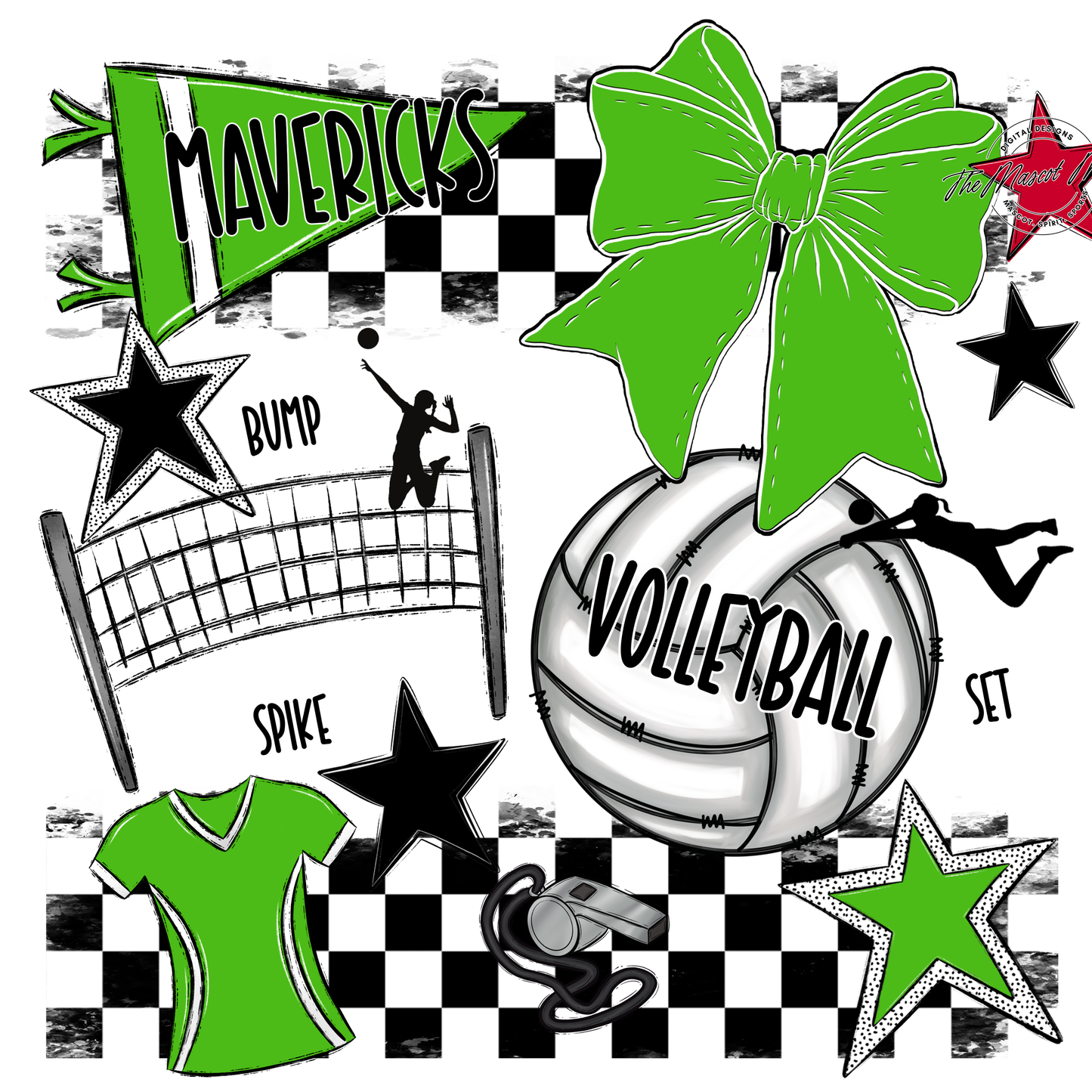 Mavericks Checkers Volleyball Spirit Design-Bright Green