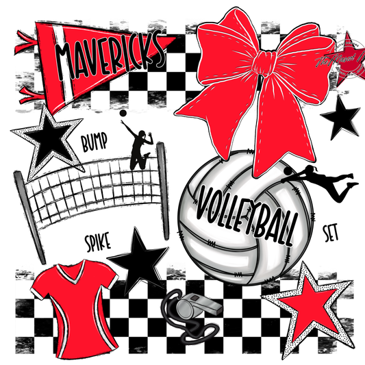 Mavericks Checkers Volleyball Spirit Design-Bright Red
