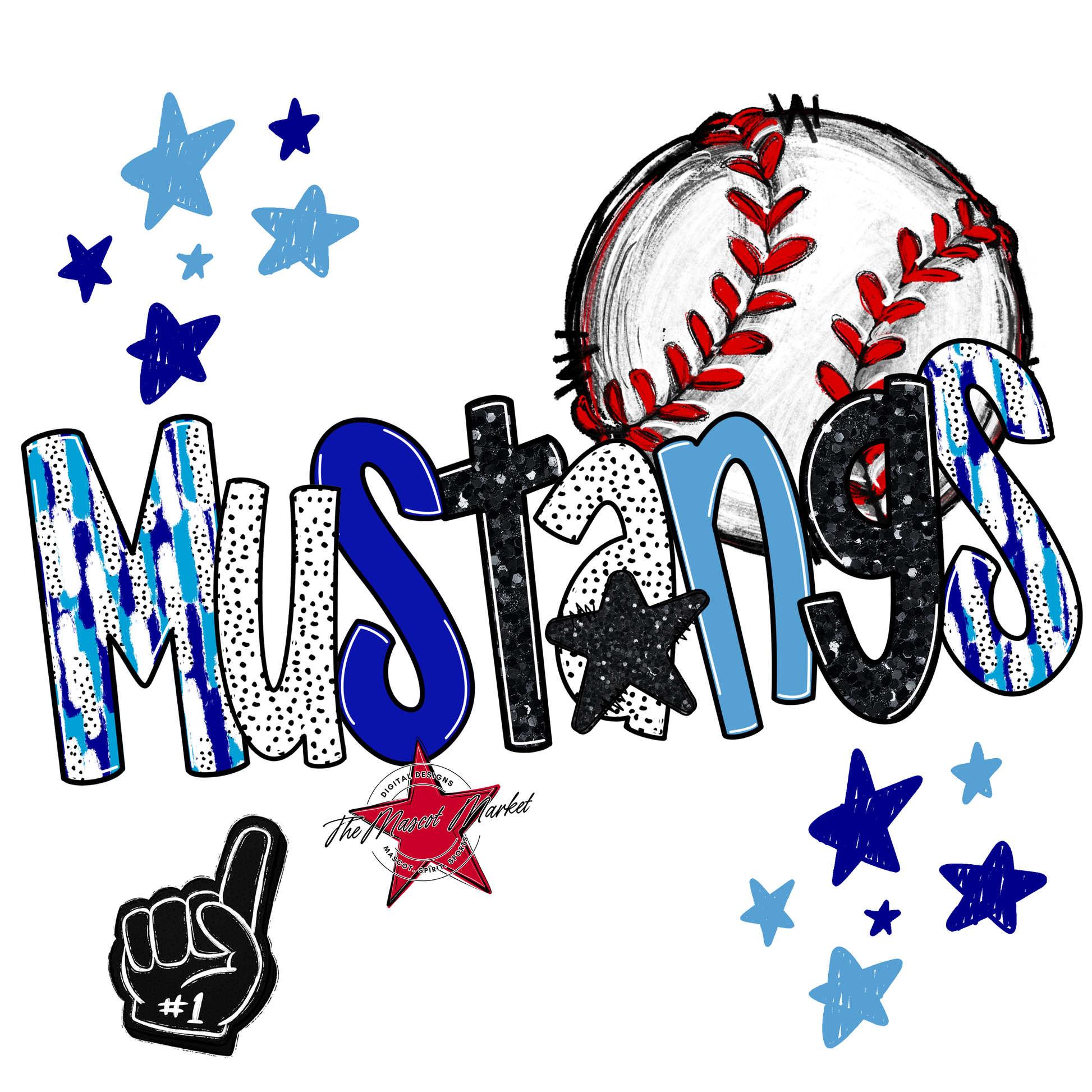 Mustangs Baseball Scrape-Blue-Carolina Blue
